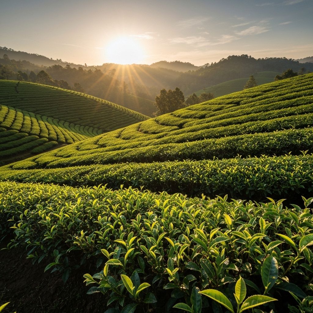 Tea garden at sunrise with lush green rows